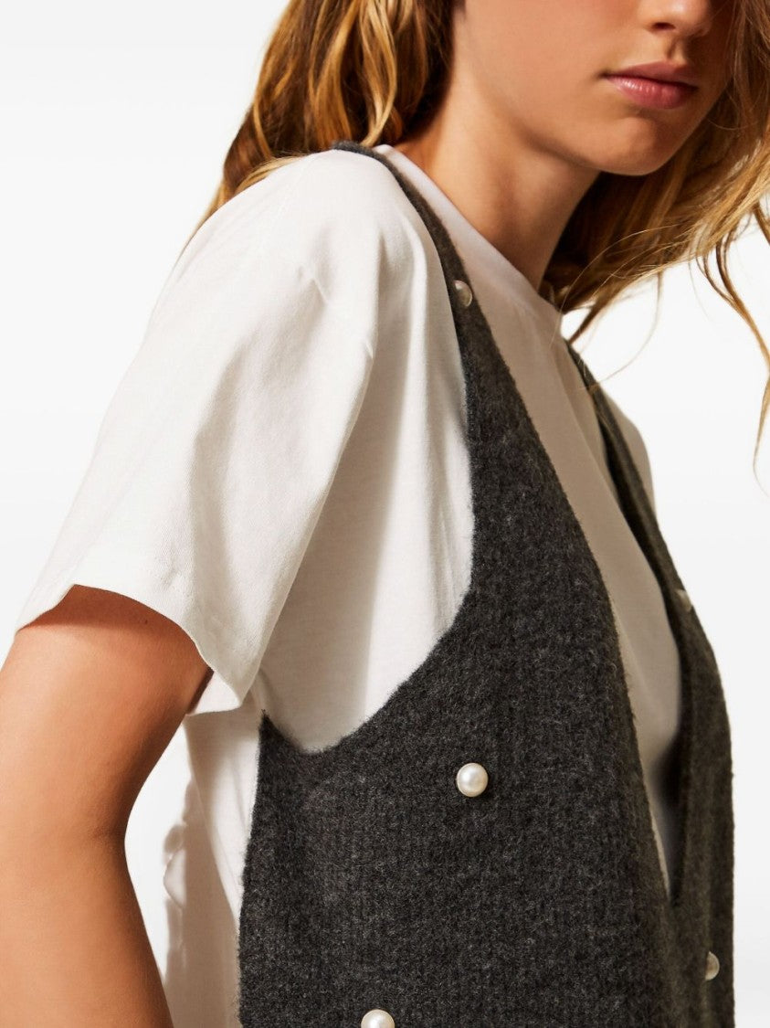 Twin-Set Grey Charcoal Sleeveless Knit Vest Over White T-Shirt