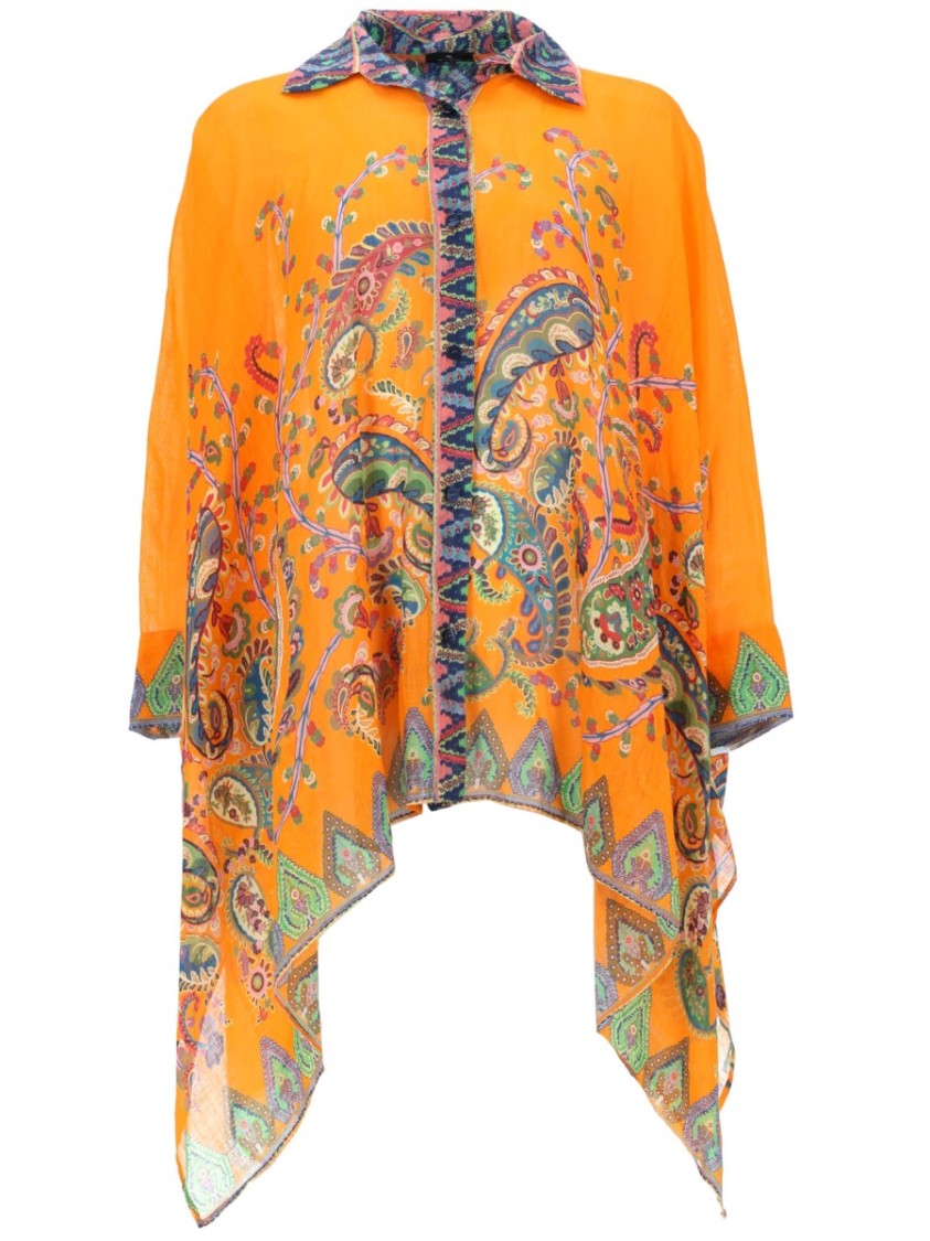 Etro Orange Paisley Floral Asymmetrical Hem Blouse