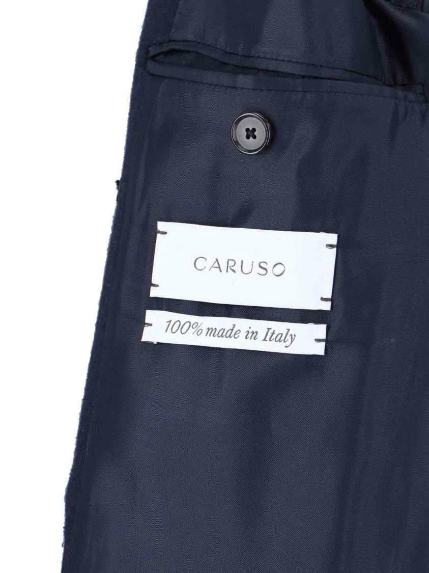 Caruso Navy Blue Double-Breasted Wool Coat With Classic Lapel