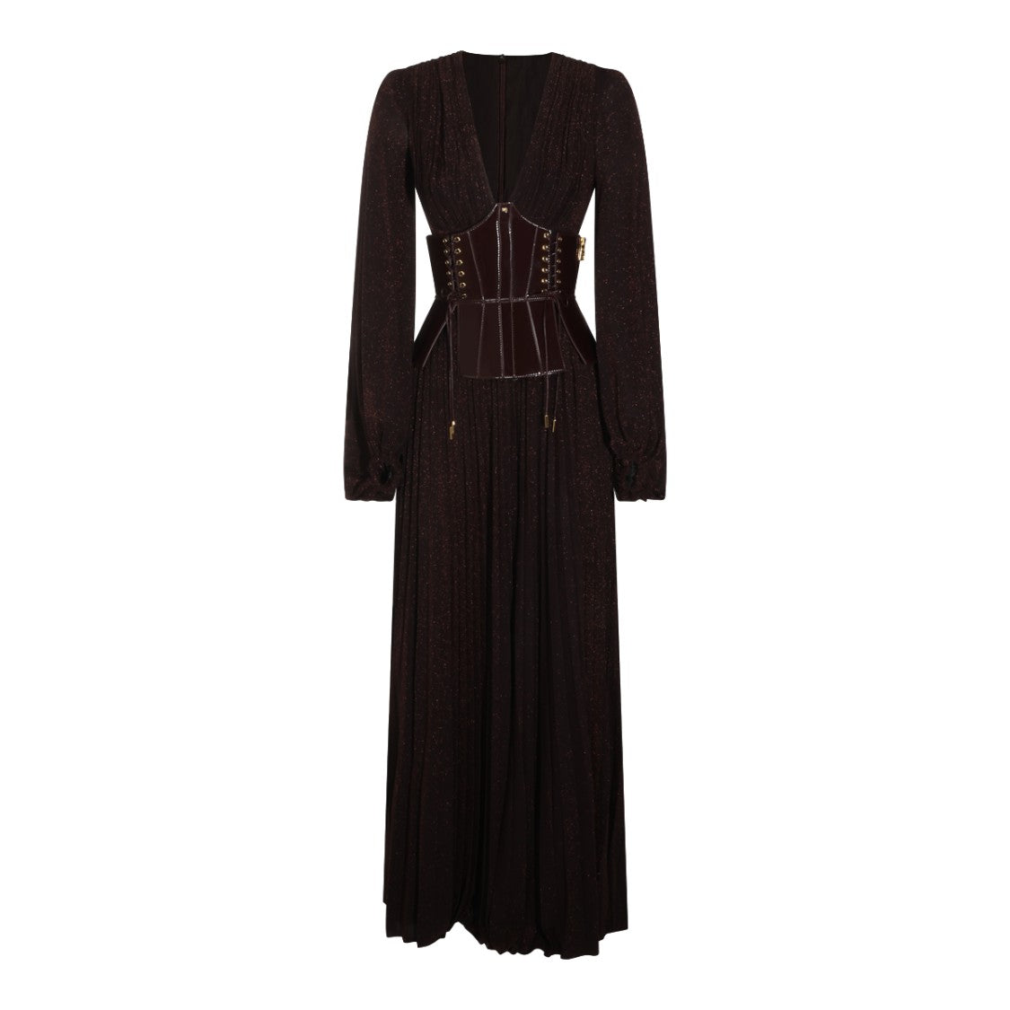Elisabetta Franchi Glossy Corset Belt Pleated Maxi Dress