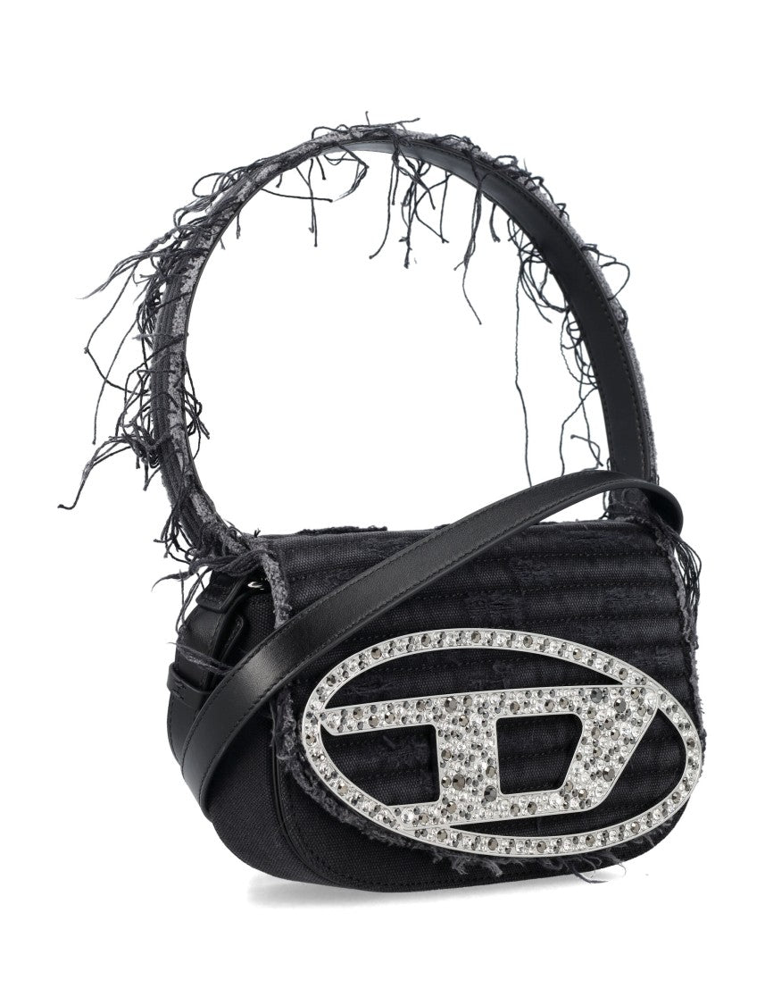 Diesel Structured Denim Bag With Foldable Handle And Crystal Embellishments