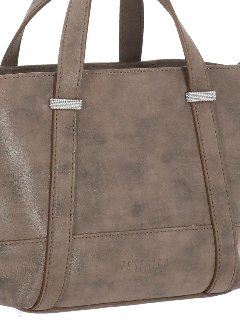 Peserico Brown Suede Bag With Rhinestone Embellishments And Removable Strap