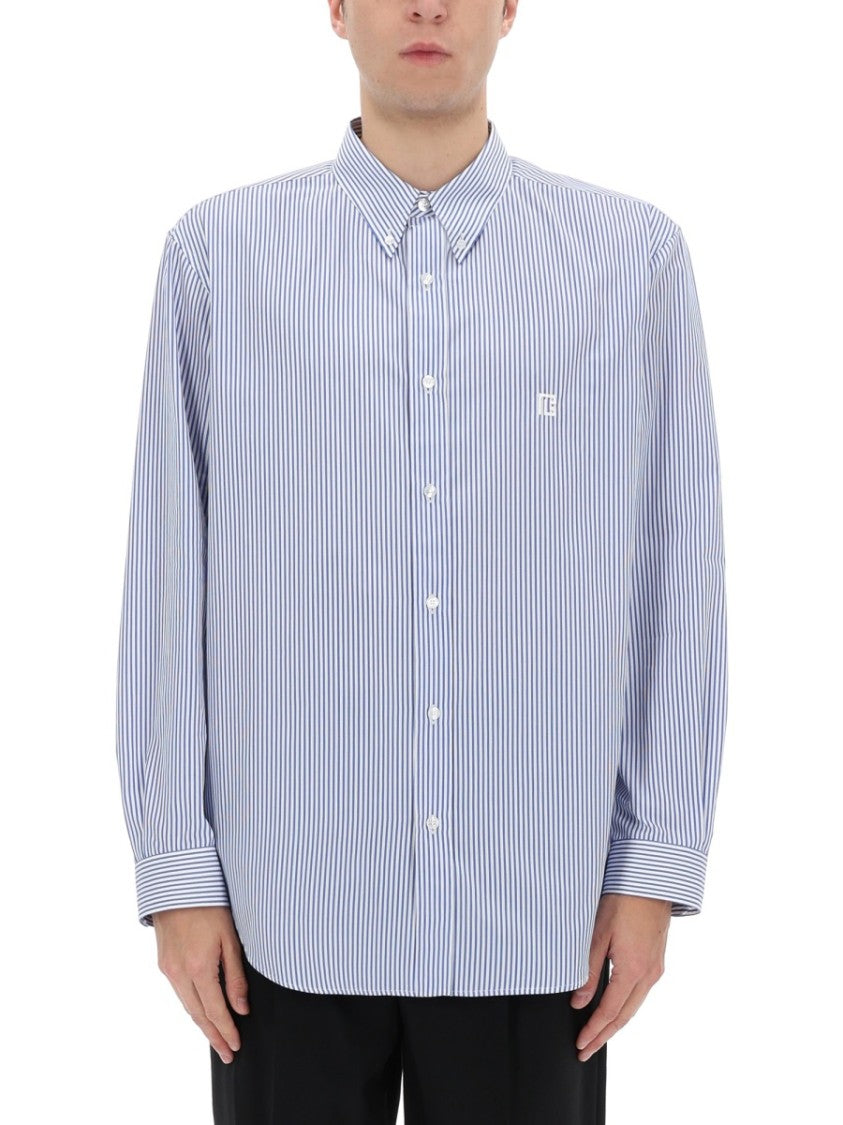 Balmain Blue Vertical Stripes Embroidered Shirt
