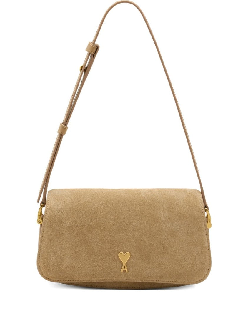 Ami Paris Beige Suede Gold Tone Plaque Bag