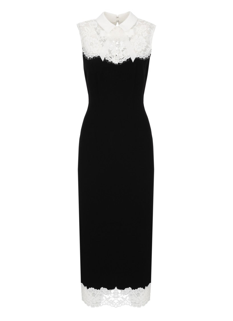 Self-Portrait Sleeveless Black Midi Dress With Floral Lace And Statement Collar