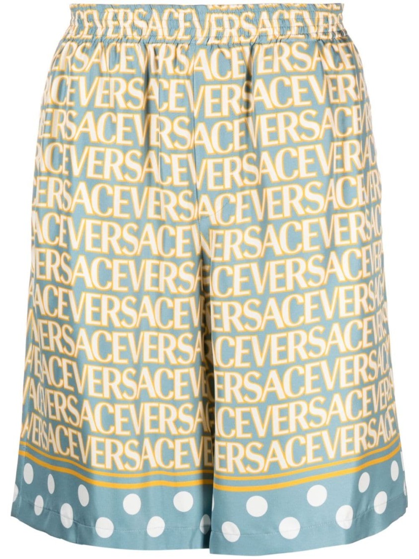 Versace Silk Shorts With All-Over Logo Print