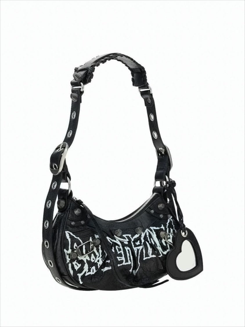 Balenciaga Crescent-Shaped Black Lambskin Shoulder Bag With Silver Hardware