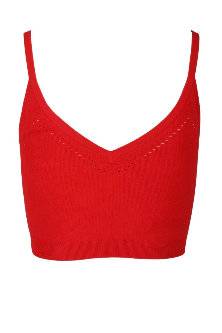 Max Mara Red Fitted Perforated Viscose-Blend Knit Top