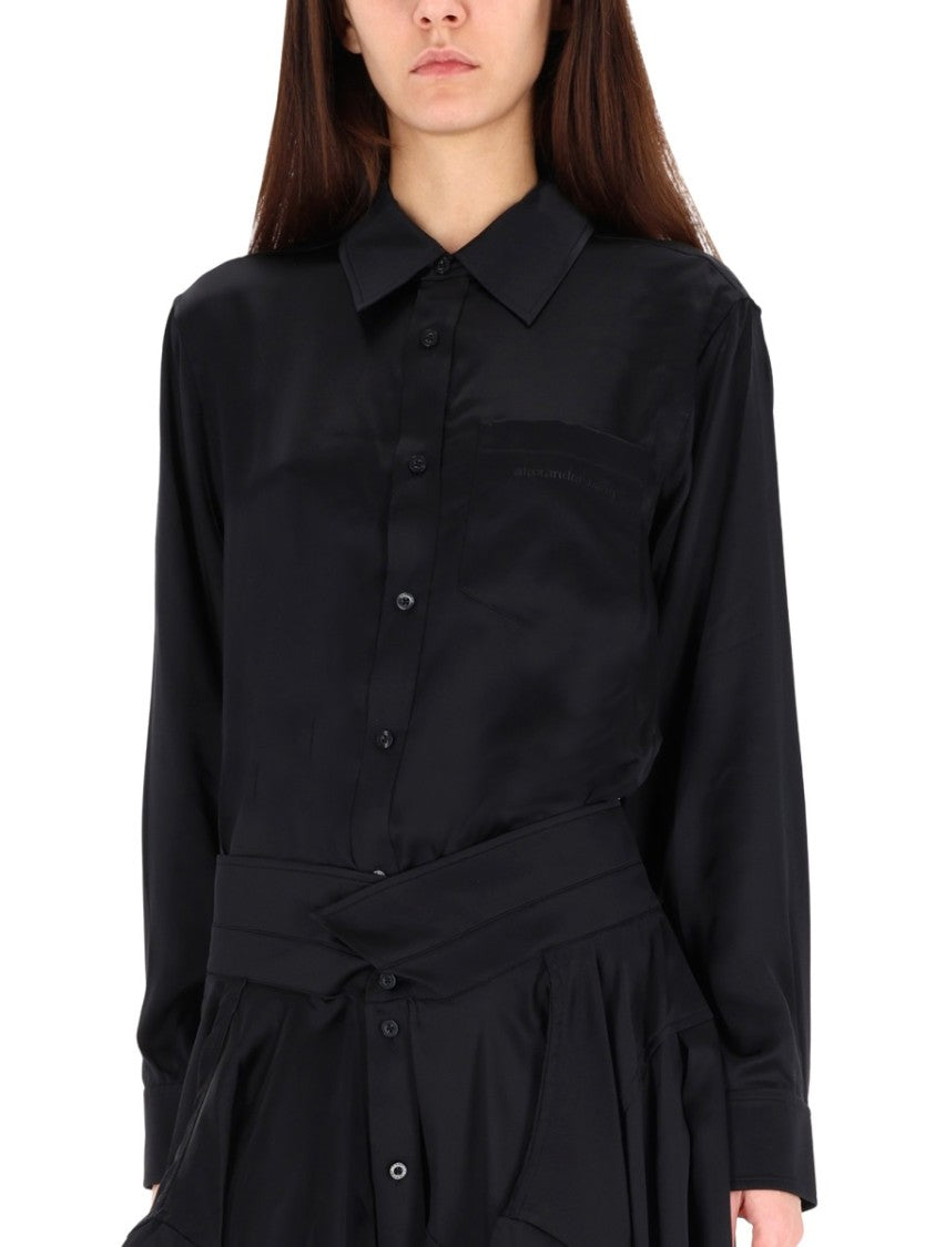 T By Alexander Wang Double Silk Chemisier Dress With Asymmetrical Draped Skirt