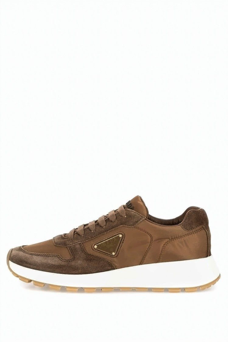 Prada Layered Brown Suede And Recycled Nylon Sneakers