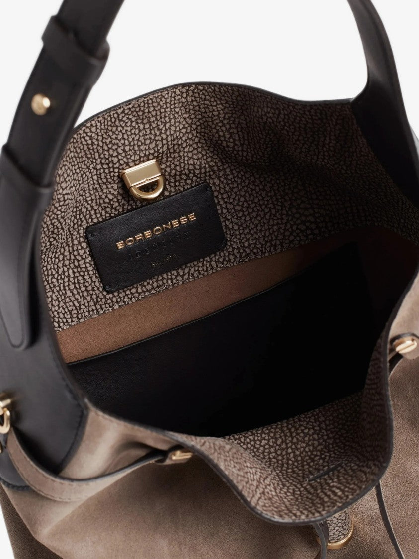 Borbonese Medium Suede Bucket Bag With Adjustable Leather Strap