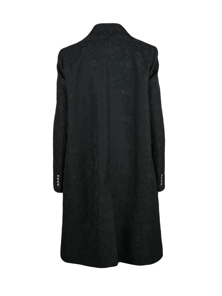 Lanvin Short Black Coat With Elegant Button Closure And Floral Jacquard Pattern