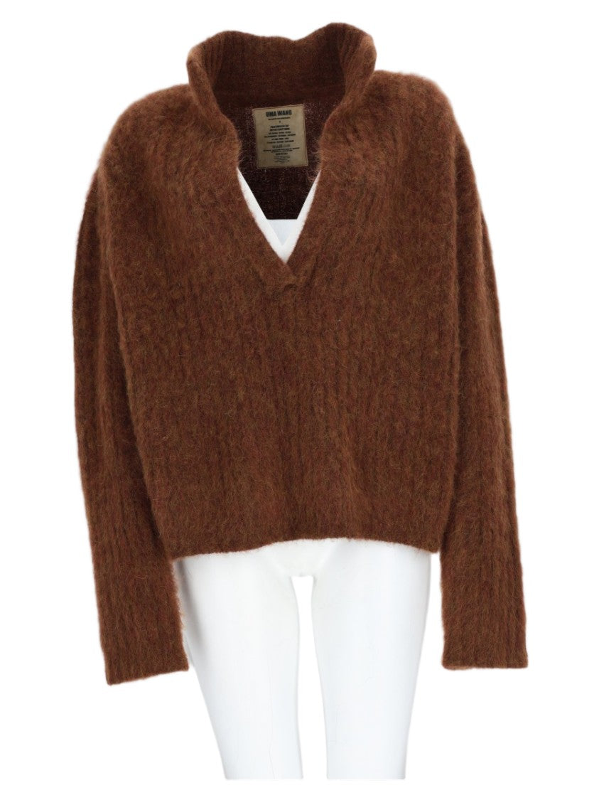Uma Wang Brown Deep V-Neck Alpaca-Blend Knit Sweater