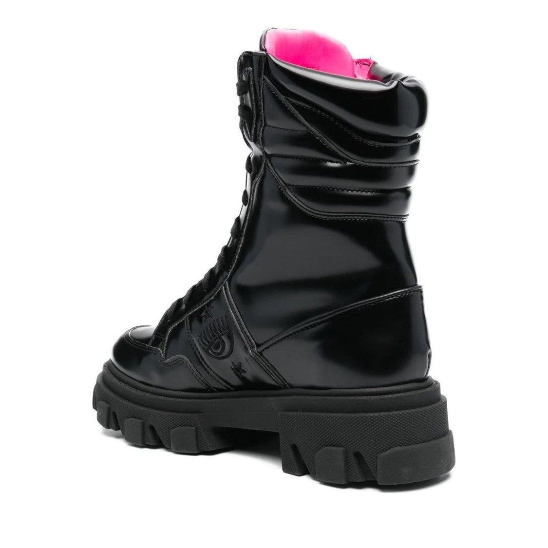 Chiara Ferragni Black Glossy Padded Collar Lace-Up Ankle Boots
