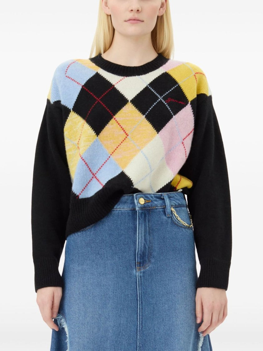 Ganni Argyle Knit Sweater In Recycled Wool
