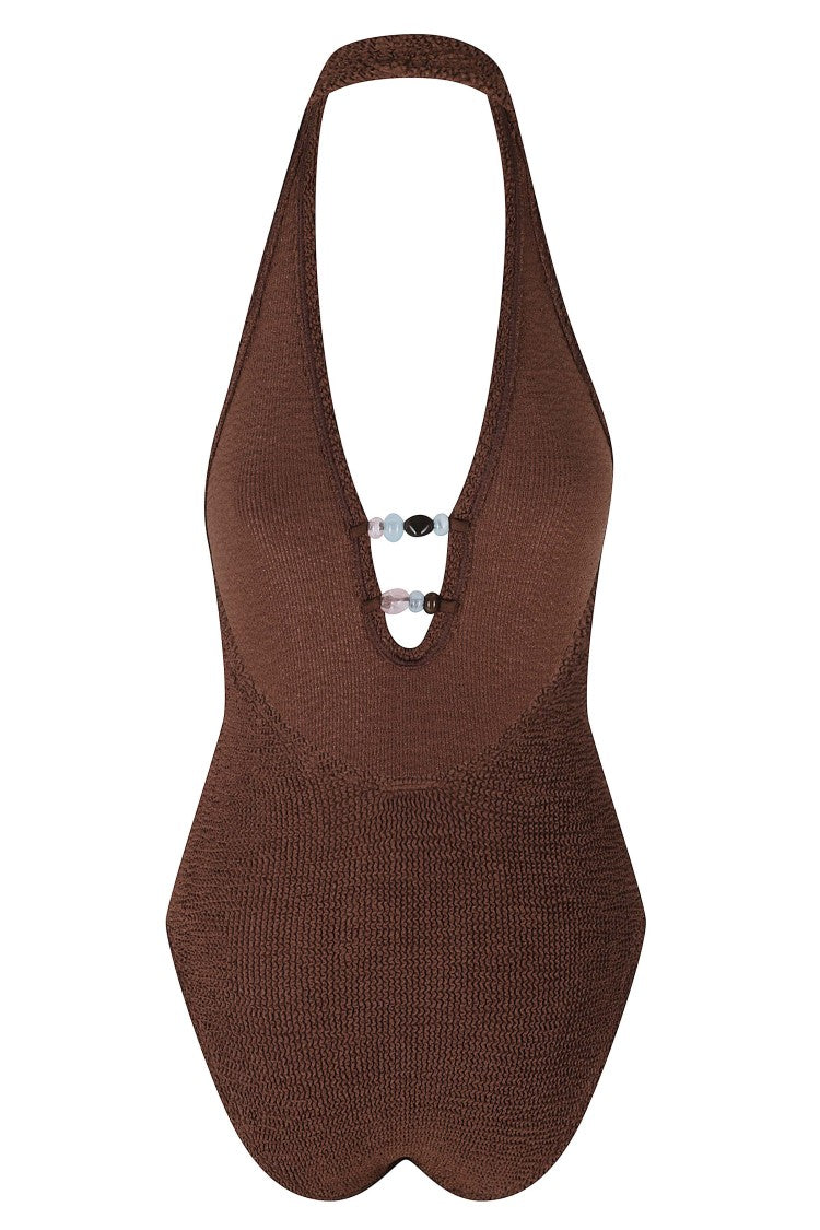 Hunza G Chocolate Adriana Beaded Triangle Polyamide Swimsuit