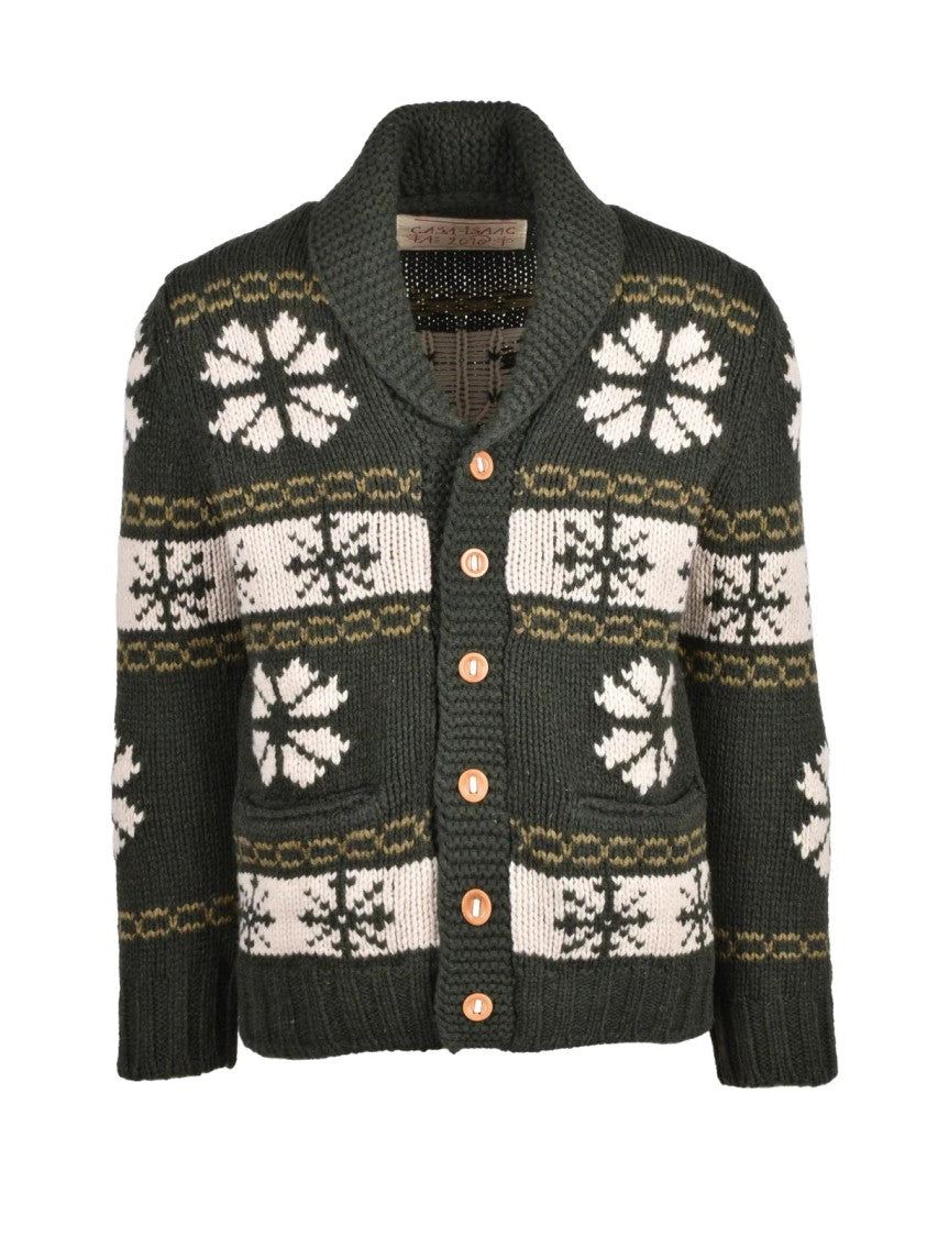 Casa-Isaac Green Wool-Blend Shawl Collar Cardigan