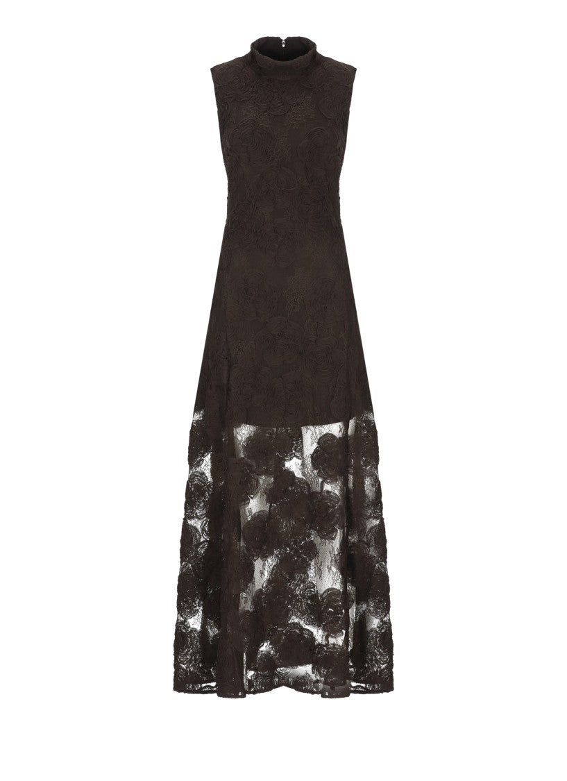 Rotate Brown Lace Long Sleeveless Dress With Fabric Roses