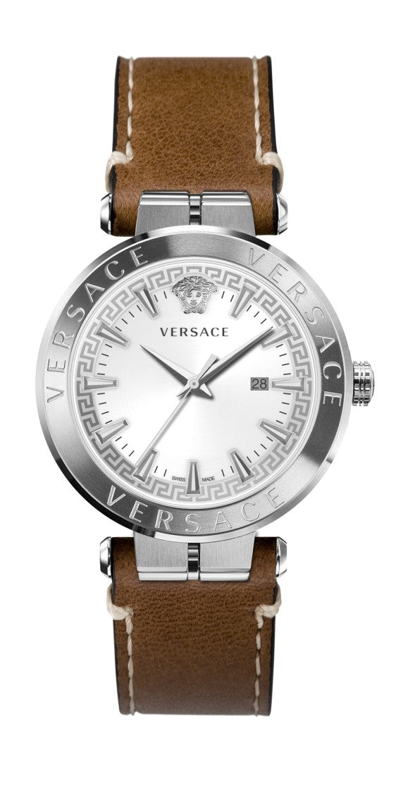 Versace Aion Quartz Watch With Silver Dial And Brown Calf Leather Strap