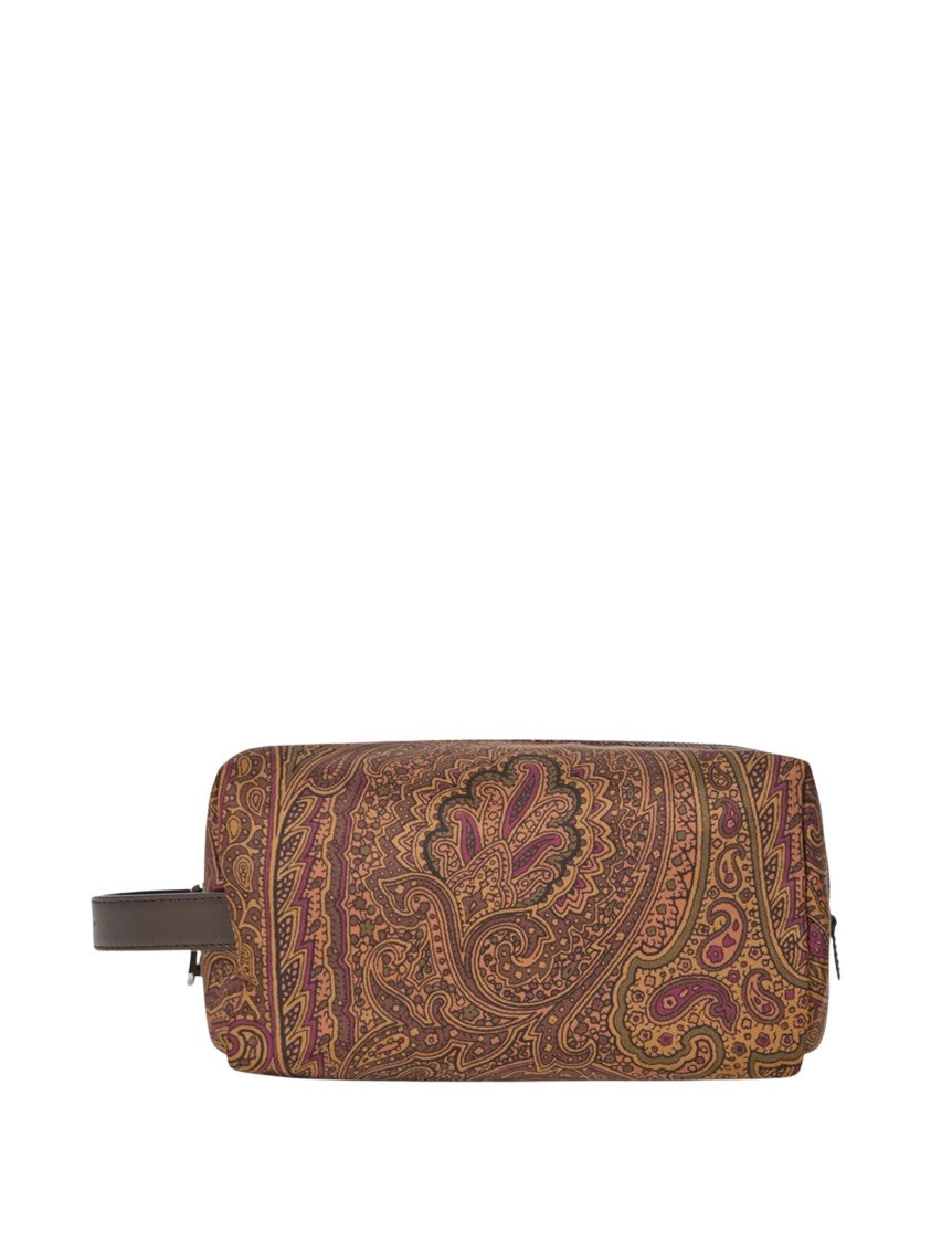 Etro Rectangular Nylon Pouch With Paisley Print And Leather Trim