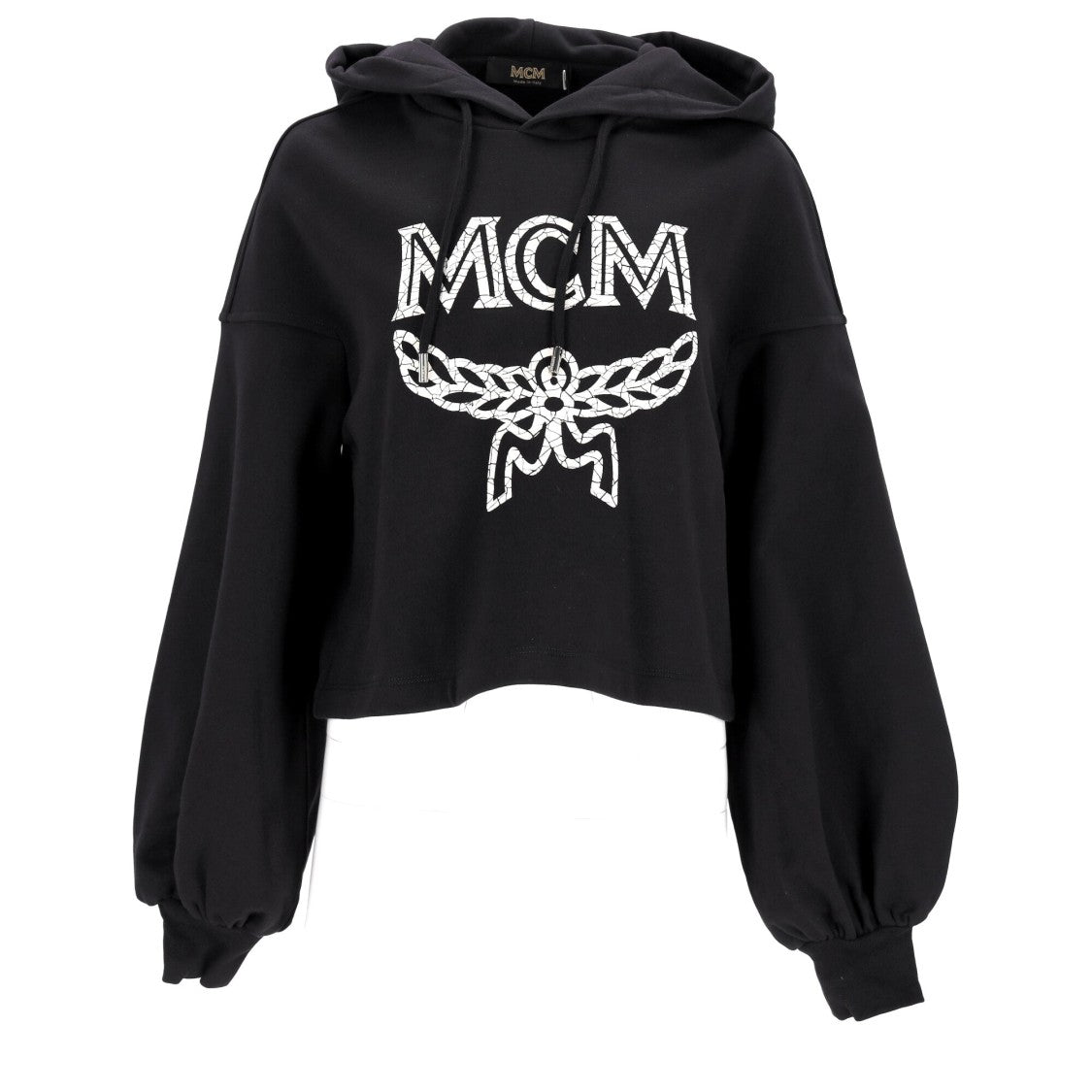 Mcm Cropped Black Oversized Hoodie With Iconic Logo Print