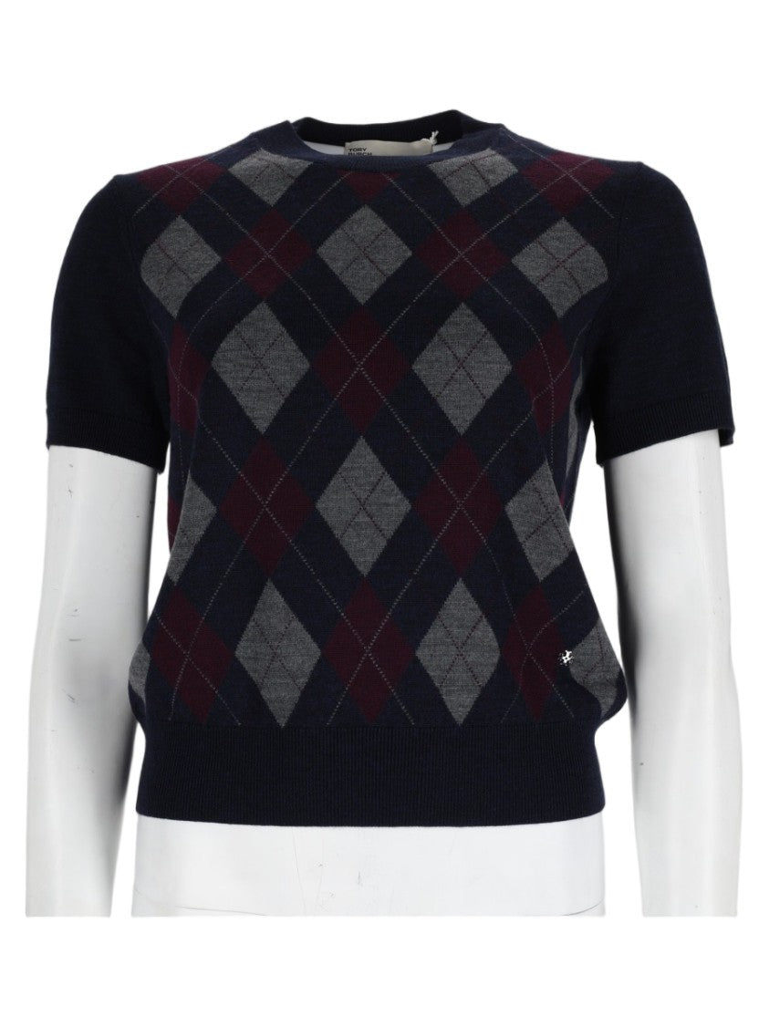 Tory Burch Ivory Argyle Short-Sleeve Knit Top