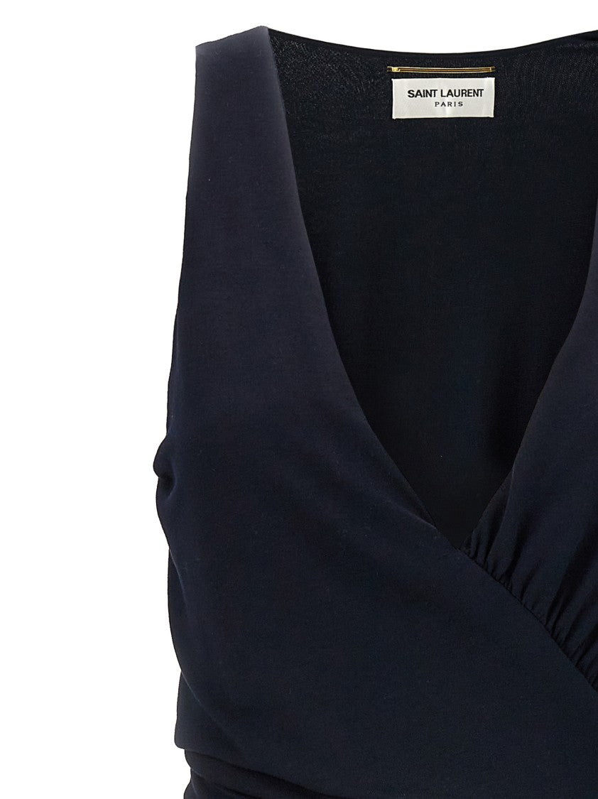 Saint Laurent Sleeveless Midi Jersey Dress With Ruched Detailing