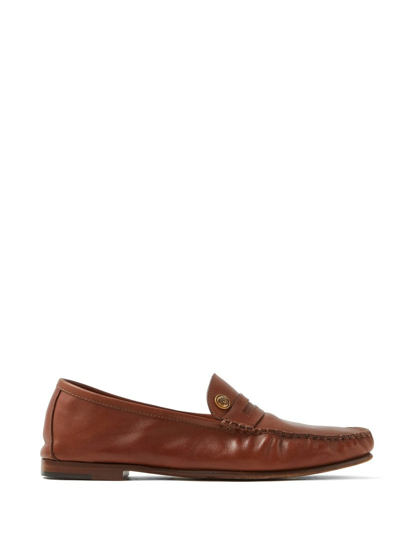 Versace Brown Calf Leather Penny Logo Loafers