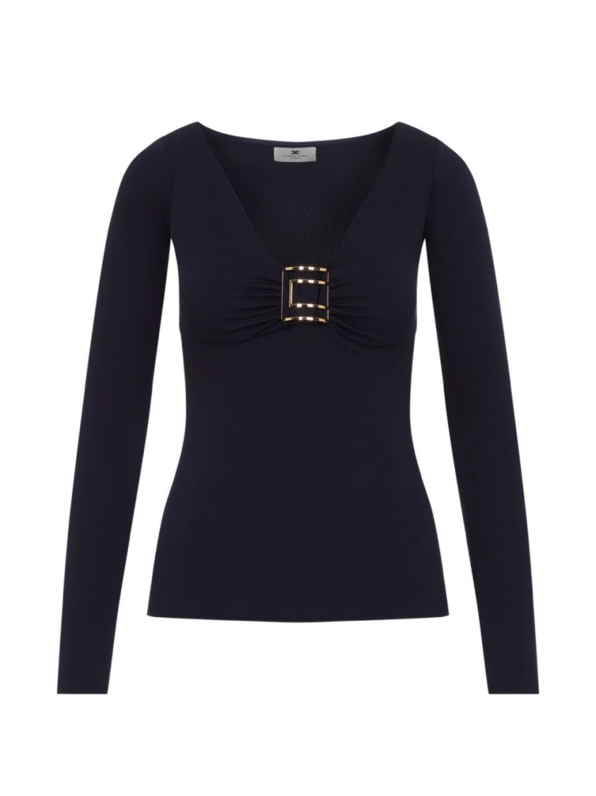 Elisabetta Franchi Fitted Deep V-Neck Buckled Long-Sleeve Top