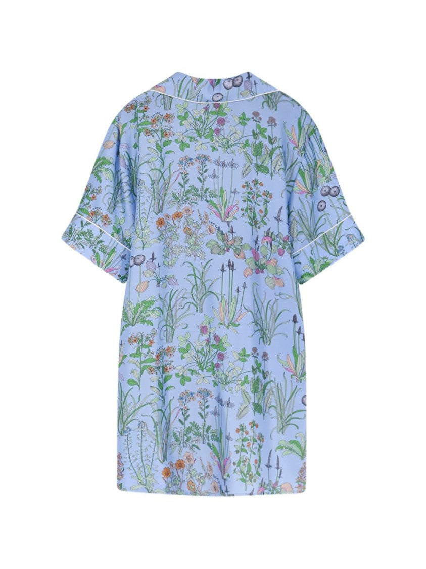 Gucci Light Blue Floral Print Silk Twill Shirt