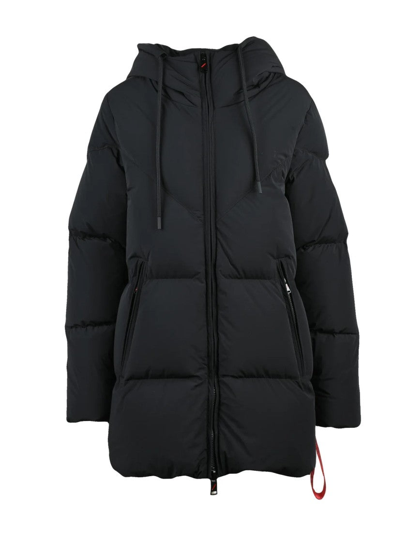 After Label Padded Black Down Jacket With Adjustable Hood And Zippered Pockets