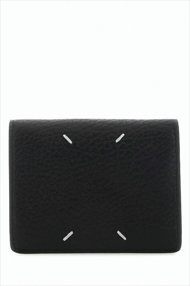 Maison Margiela Compact Bifold Wallet In Textured Black Leather With Signature Stitches