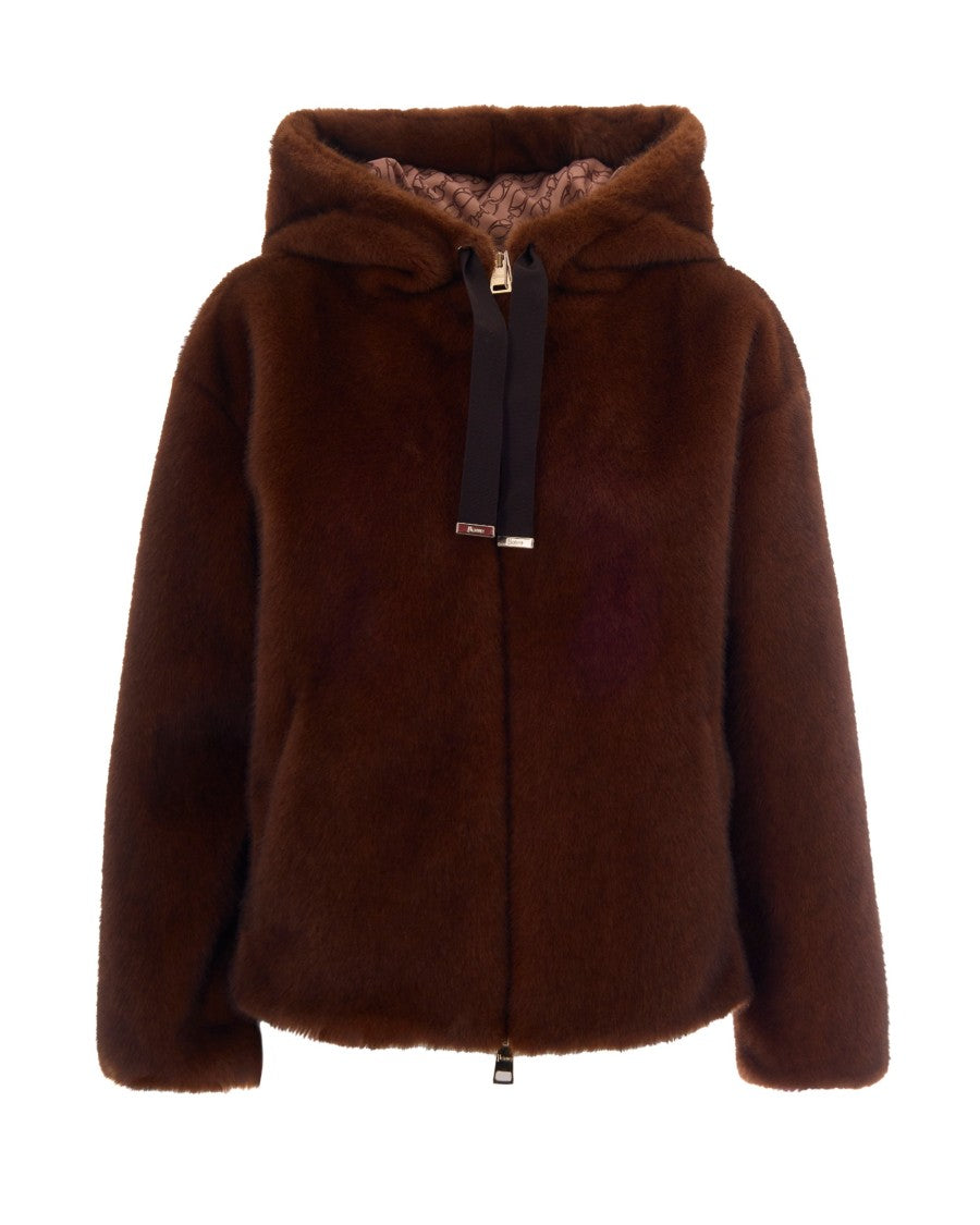 Herno Dark Brown Soft Faux Fur Bomber Jacket