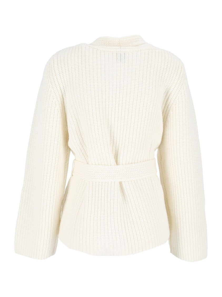 Allude Grey Ribbed Knit Wrap Belted Cardigan
