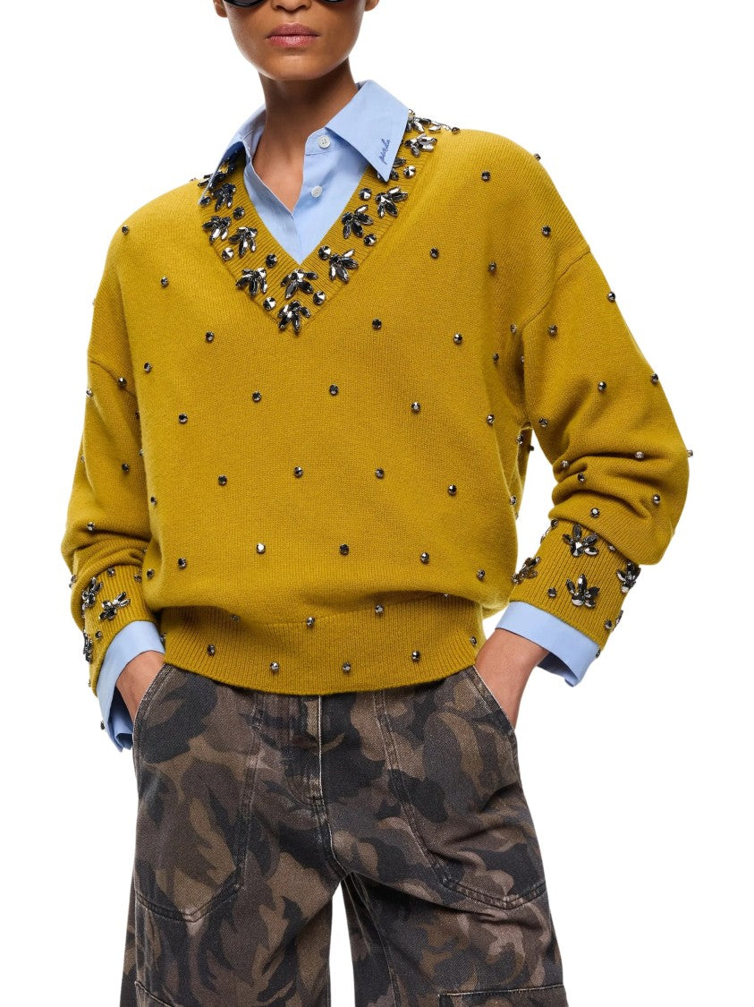 Pinko Mustard Brown Crystal V-Neck Wool-Cashmere Sweater