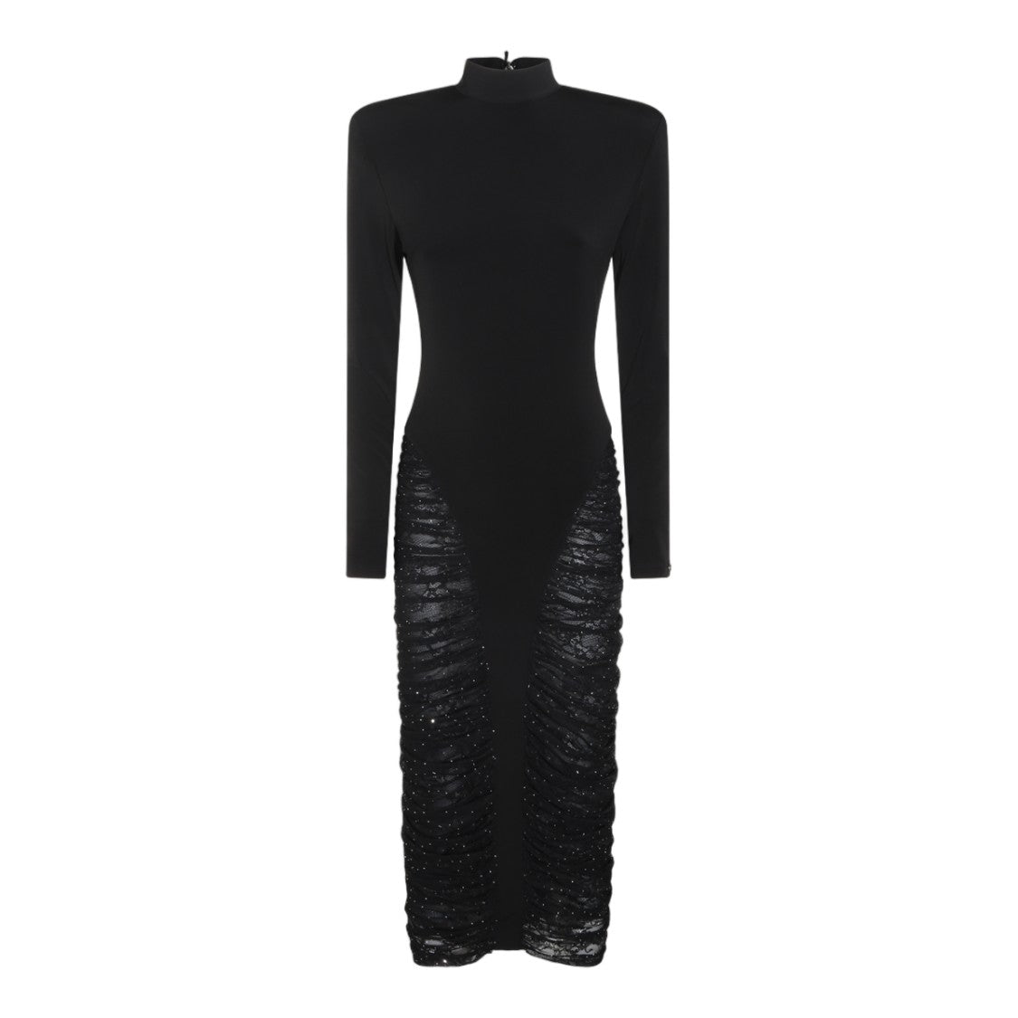 Nissa High-Neck Ruched Lace Panel Midi Dress