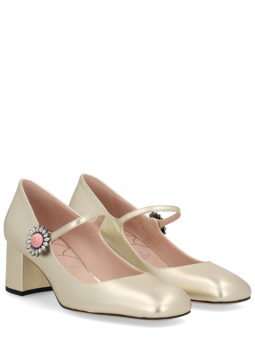 Valentino Garavani Gold Mary Jane Leather Block Pumps
