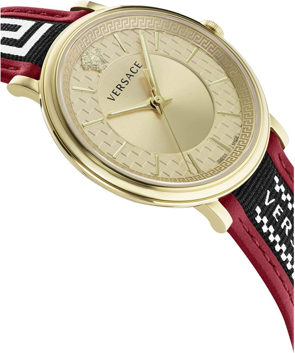 Versace Gold-Tone V-Circle Watch With Textured Dial And Hybrid Strap