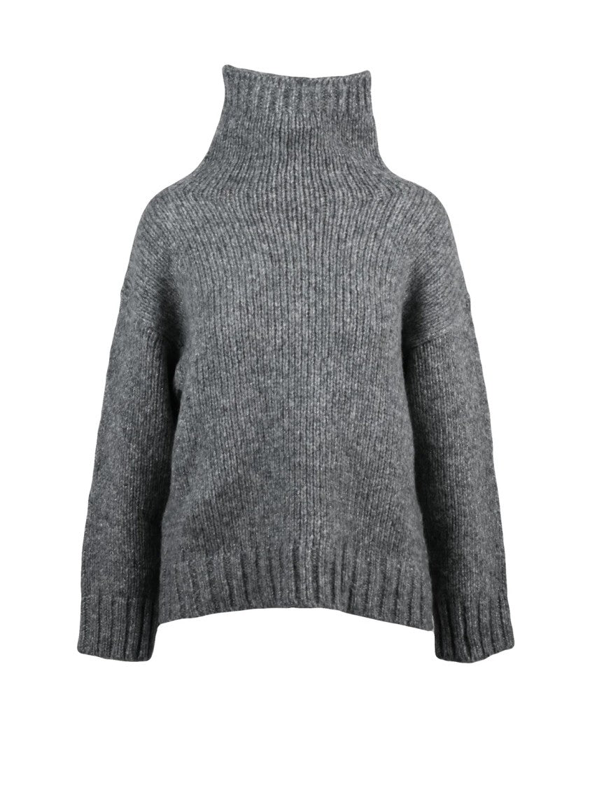 Alpha Studio High Neck Sweater With Ribbed Knit Texture And Lamé Details