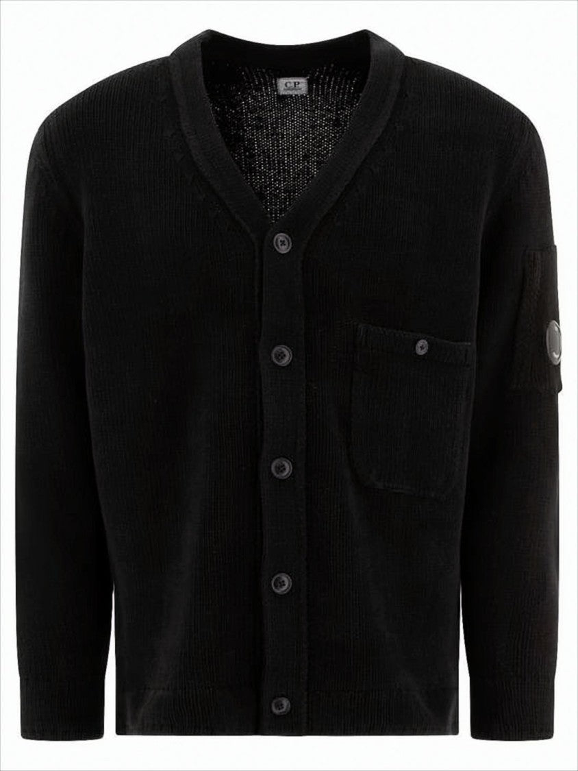 C.P. Company Black Knitted Cardigan With V-Neckline And Distinctive Logo Patch