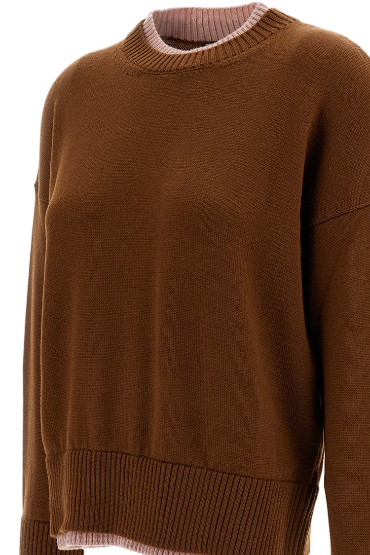 Plan C Brown Pink Merino Wool Double-Layer Crewneck Sweater