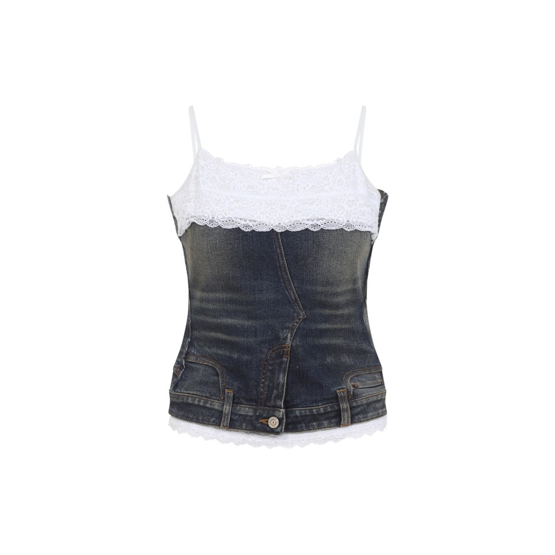Balenciaga Fitted Denim-Inspired Top With Lace Trim And Spaghetti Straps