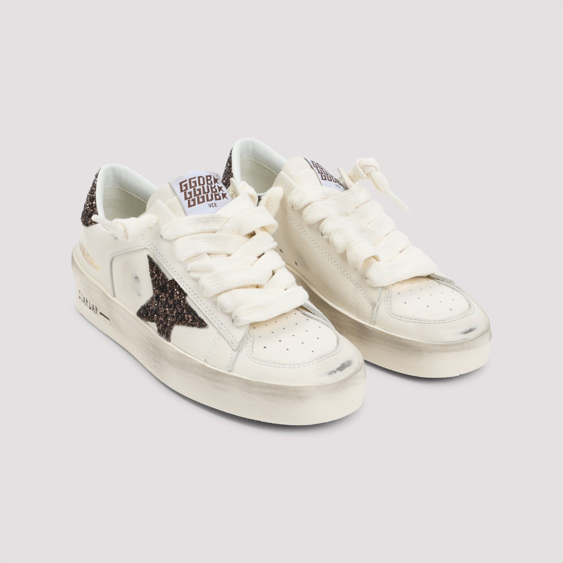 Golden Goose Distressed White Leather Sneakers With Glitter Accents