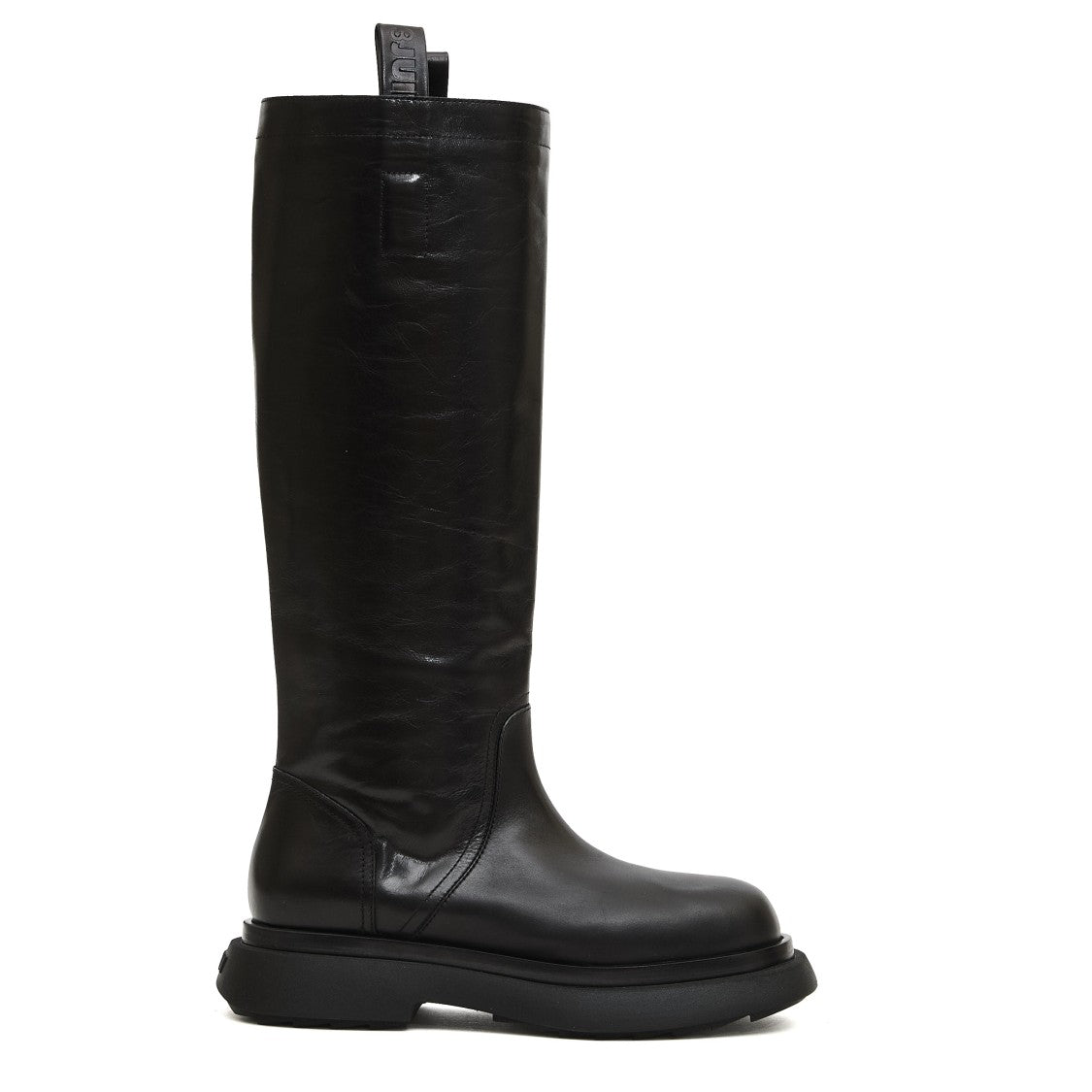 3Juin Black Leather Tall Boots With Chunky Sole And Pull Tabs