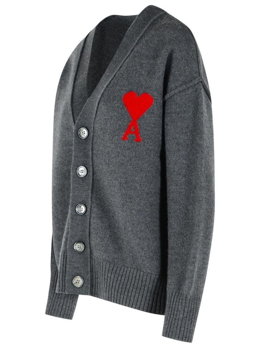 Ami Paris Grey Ami De Cœur V-Neck Wool Cardigan