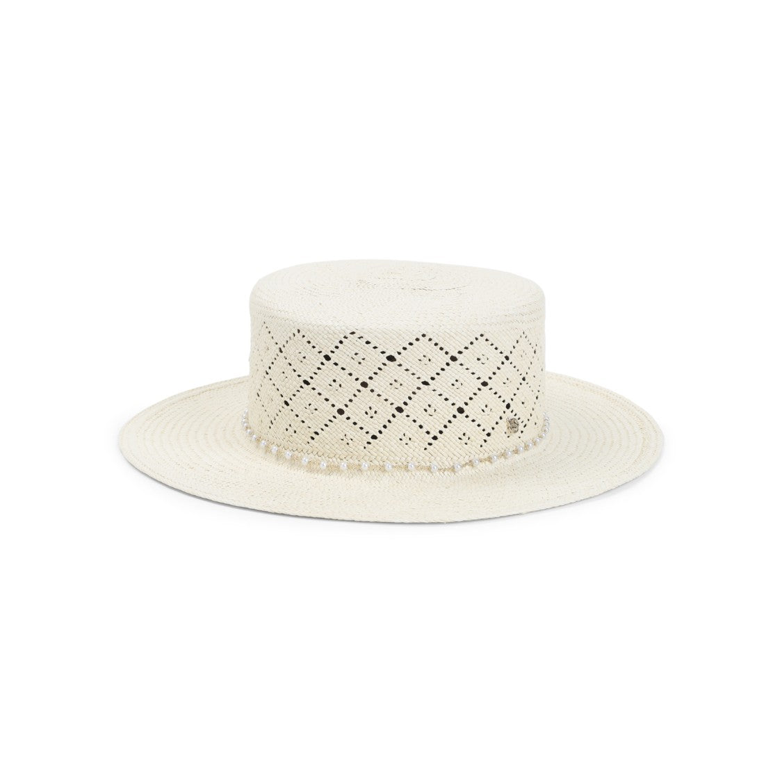 Maison Michel Wide-Brim Hat With Perforated Diamond Pattern And Pearl Accents