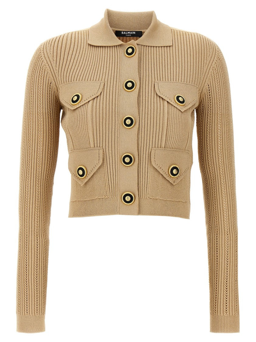 Balmain Openwork Ribbed Knit Cardigan With Trompe-L'œil Pockets