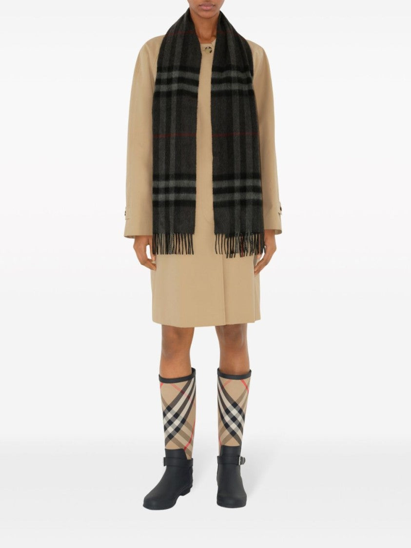 Burberry Grey Check Pattern Cashmere Fringing Scarf