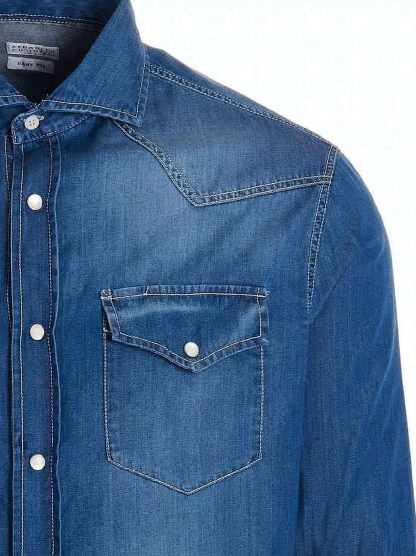 Brunello Cucinelli Classic Blue Denim Shirt With Pearl Snap Buttons