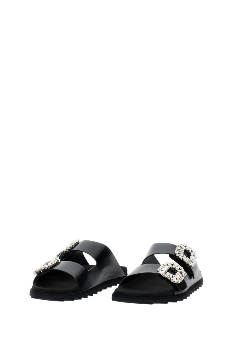 Roger Vivier Flat Black Sandals With Crystal Embellishments